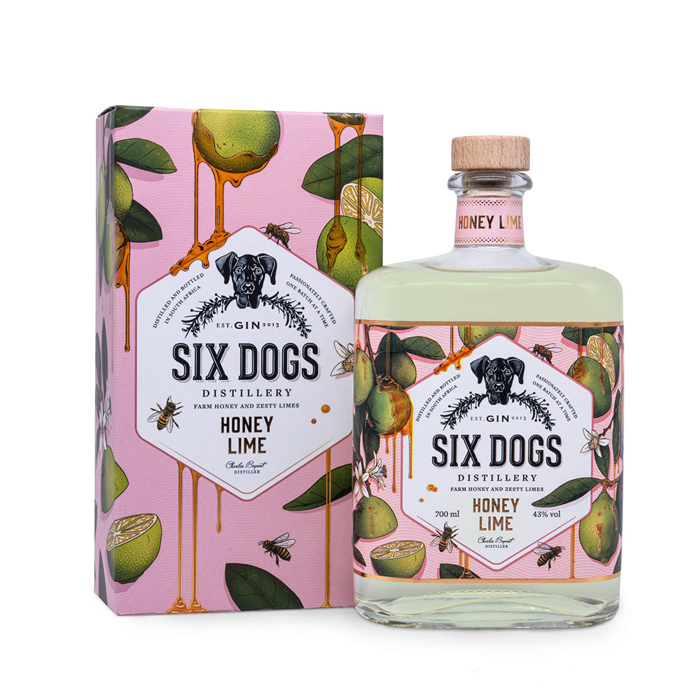 Six Dogs Honey & Lime Gin mit farmeigenem Honig und Limetten, aus Südafrika in der 700ml Flasche