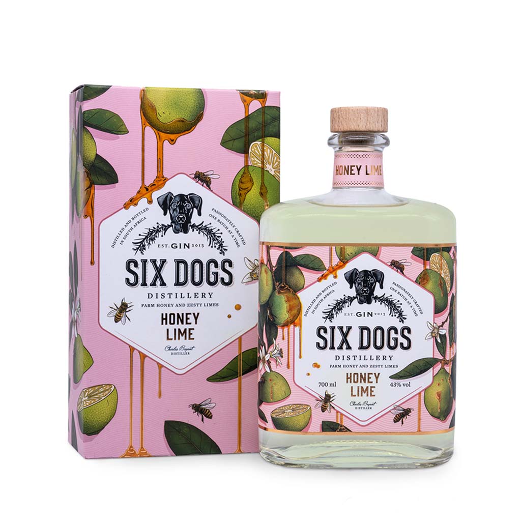 Six Dogs Honey & Lime Gin mit farmeigenem Honig und Limetten, aus Südafrika in der 700ml Flasche